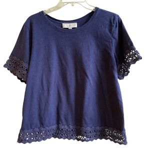 LOFT Navy Short Sleeve Tee with Lace Trim